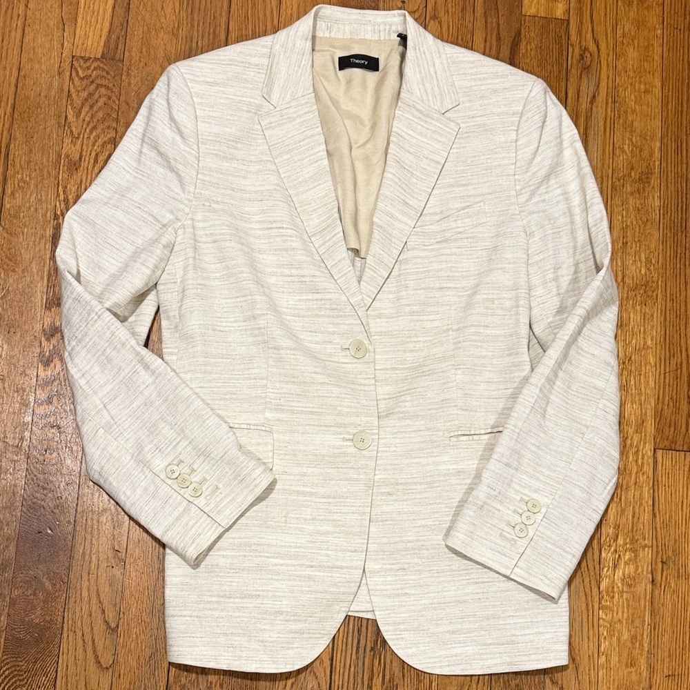 Theory Calico Sharkskin crunch linen blend Cream Blazer size 10 like new